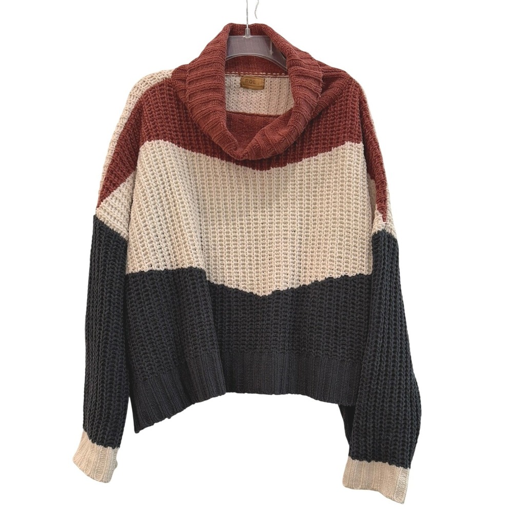 POL Womens Chenille Colorblock Cowl Neck Sweater Oversized Chunky Knit Sz Large